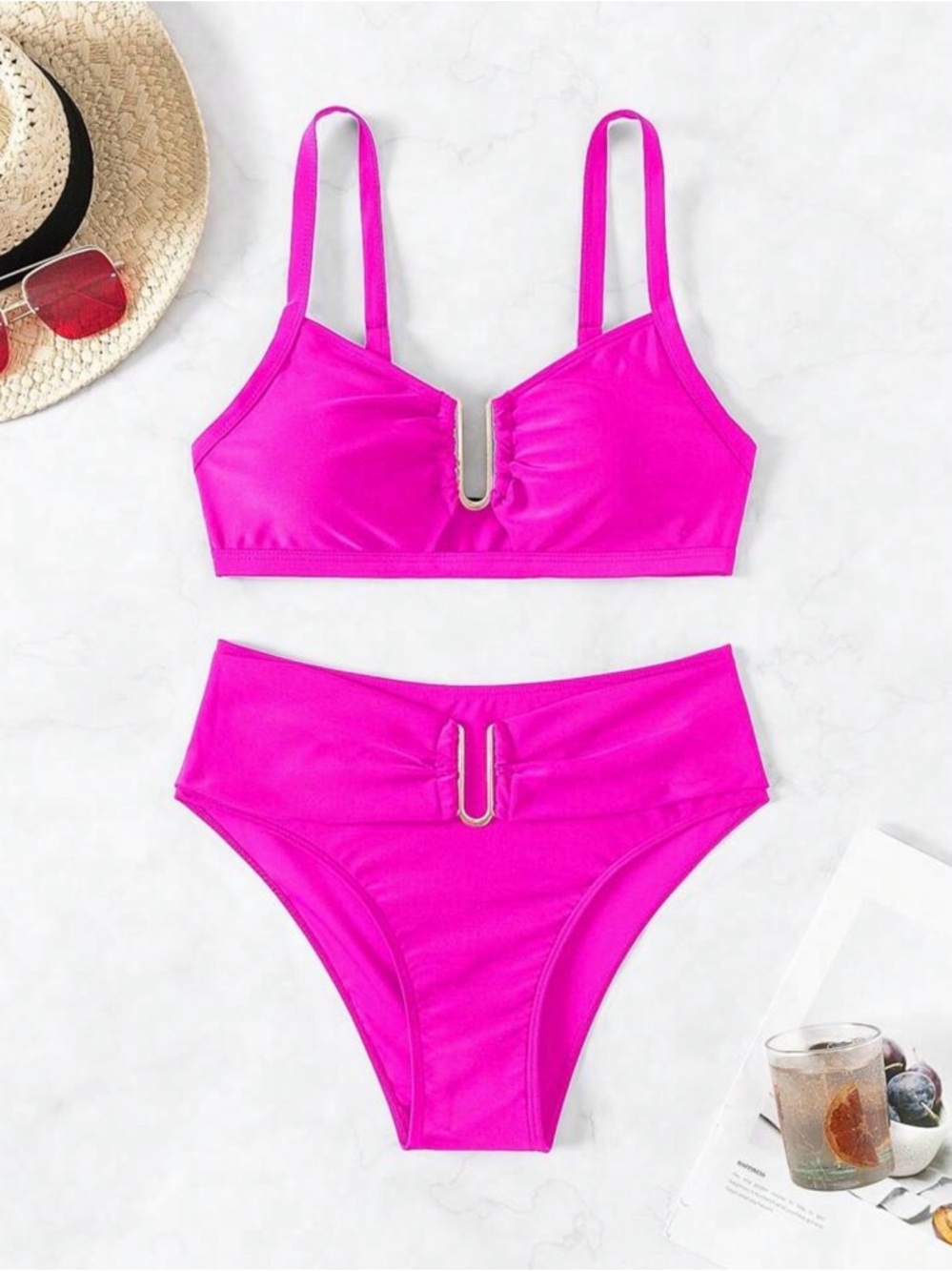 High-Waist V-Notch Bikini Set in Fuchsia - Women Swim